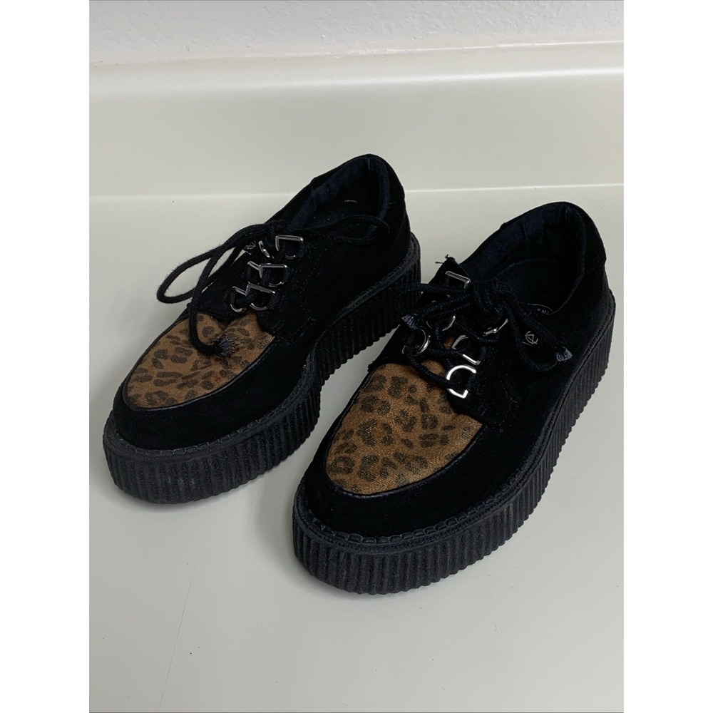 T.U.K. Anarchic Black Leopard Print Platform Creepers W 5 M 3 Chunky Rigid Laces